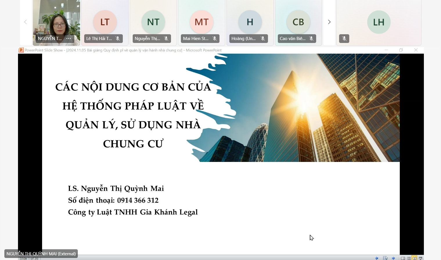 Luật sư Nguyễn Thị Quỳnh Mai đã tham gia giảng dạy khoá đào đạo quản lý vận hành nhà chung cư giành cho Ban Quản trị